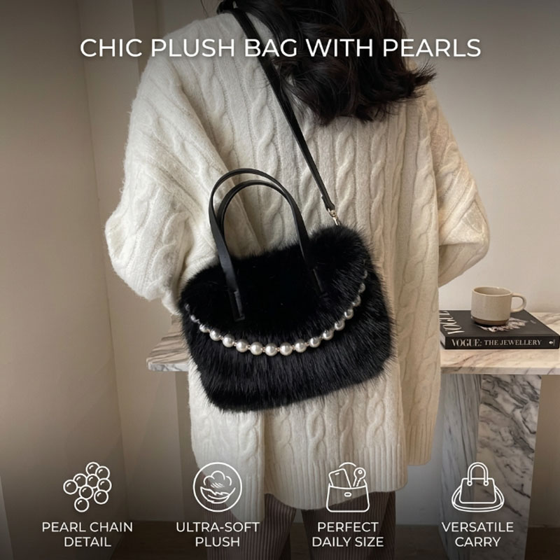 Luxury Bags Cute - กระเป๋าสะพายข้างทรงสี่เหลี่ยมขนาดเล็ก ทำจากวัสดุคล้ายขนสัตว์สุดหรู พร้อมสายโซ่ประดับไข่มุกและหูหิ้วด้านบน ดีไซน์เก๋ไก๋ น่ารัก เหมาะสำหรับเป็นของขวัญสำหรับผู้หญิง